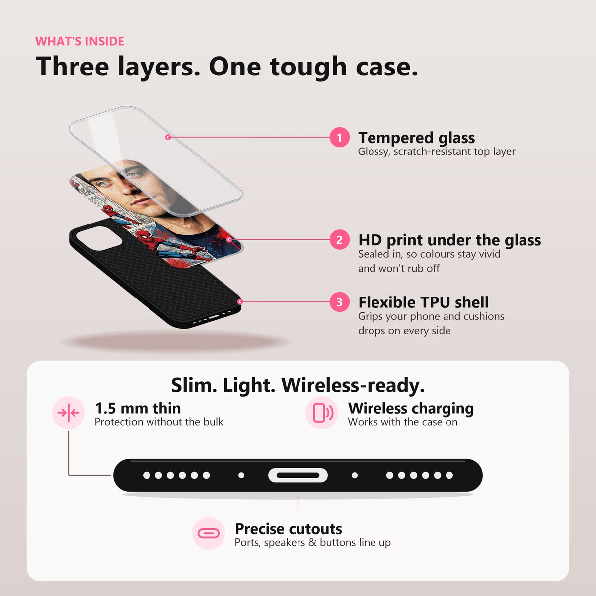 Spider-Man: Cinematic Collage Glass Case: tempered glass, HD print under the glass, flexible TPU shell; 1.5 mm thin, wireless charging, precise cutouts
