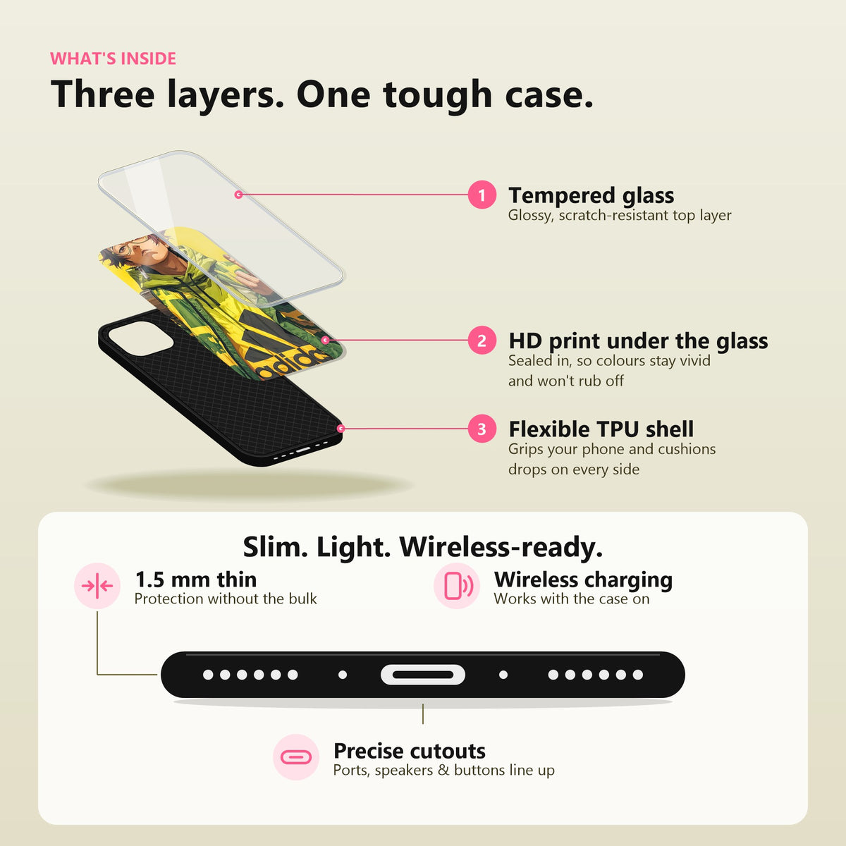 StreetMood Glass Case: tempered glass, HD print under the glass, flexible TPU shell; 1.5 mm thin, wireless charging, precise cutouts