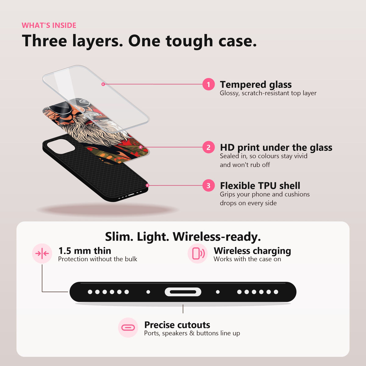The Boss Frame Glass Case: tempered glass, HD print under the glass, flexible TPU shell; 1.5 mm thin, wireless charging, precise cutouts