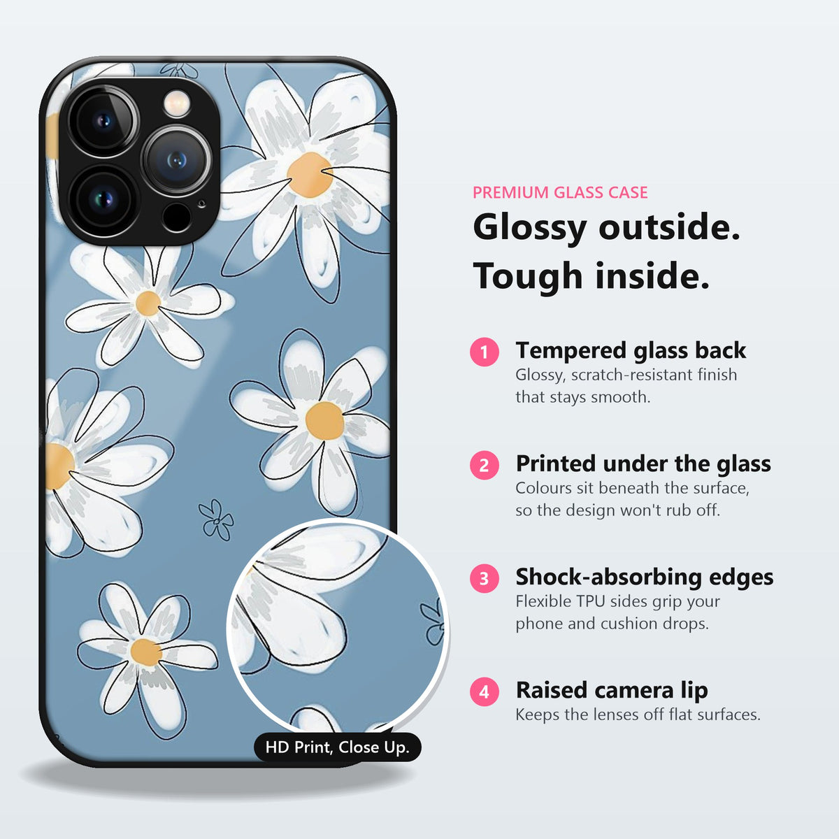 Glossy outside, tough inside: tempered glass back, printed under the glass, shock-absorbing edges, raised camera lip
