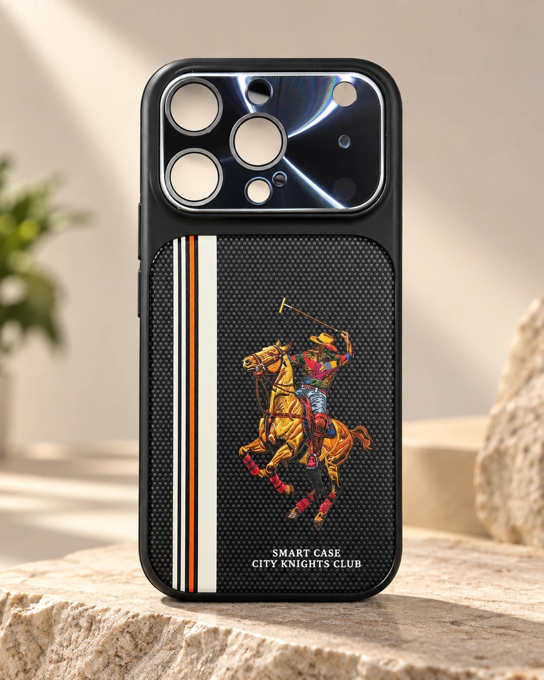 Black Polo Horse Graphic Converter Phone Case with racing stripes and textured finish