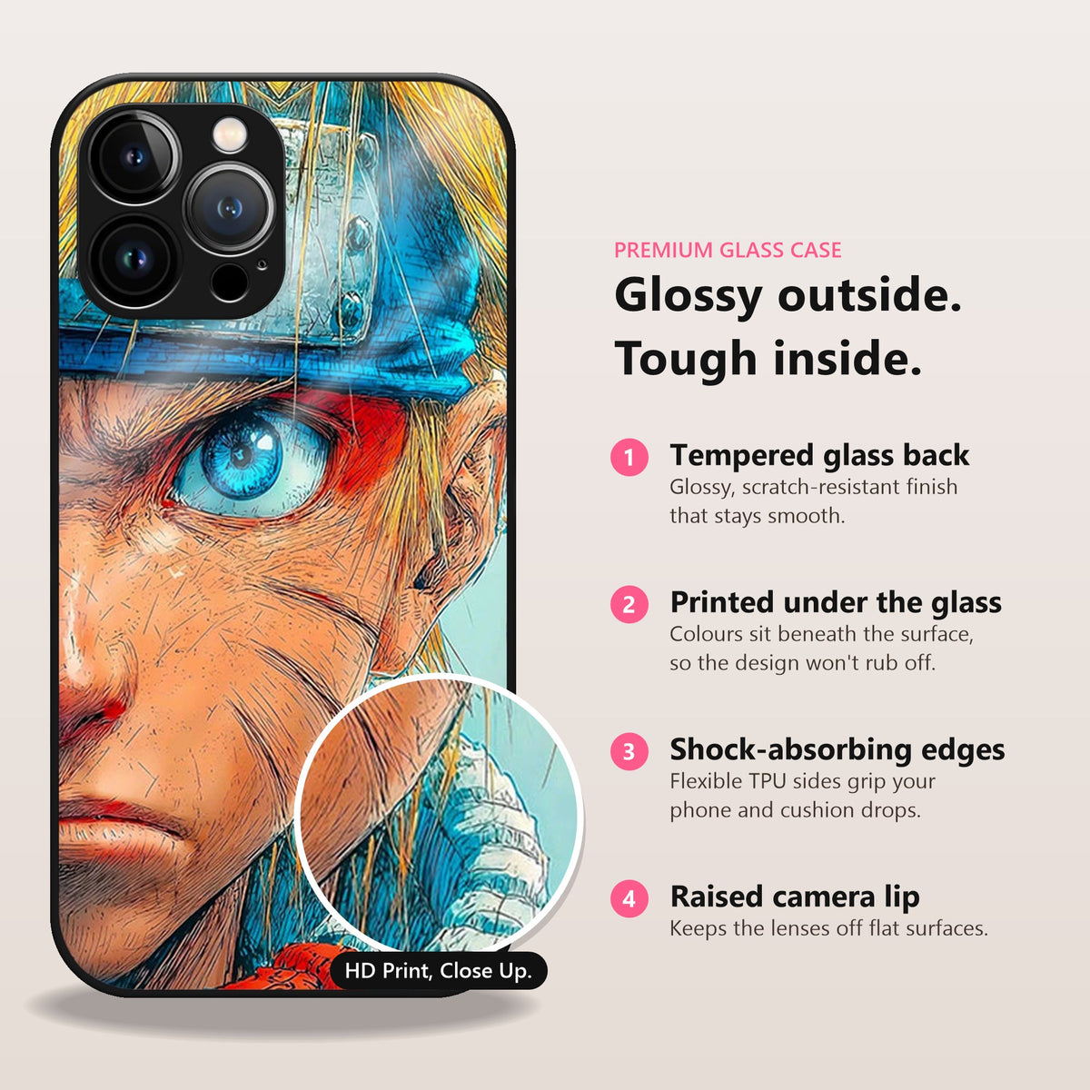 BlueEye Resolve Shell Glass Case: glossy outside, tough inside. Tempered glass back, printed under the glass, shock-absorbing TPU edges, raised camera lip