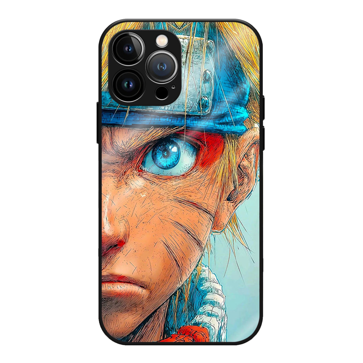 BlueEye Resolve Shell Glass Case - A dramatic close-up of Naruto with one bright blue eye and his headband, in a sketchy, textured style.