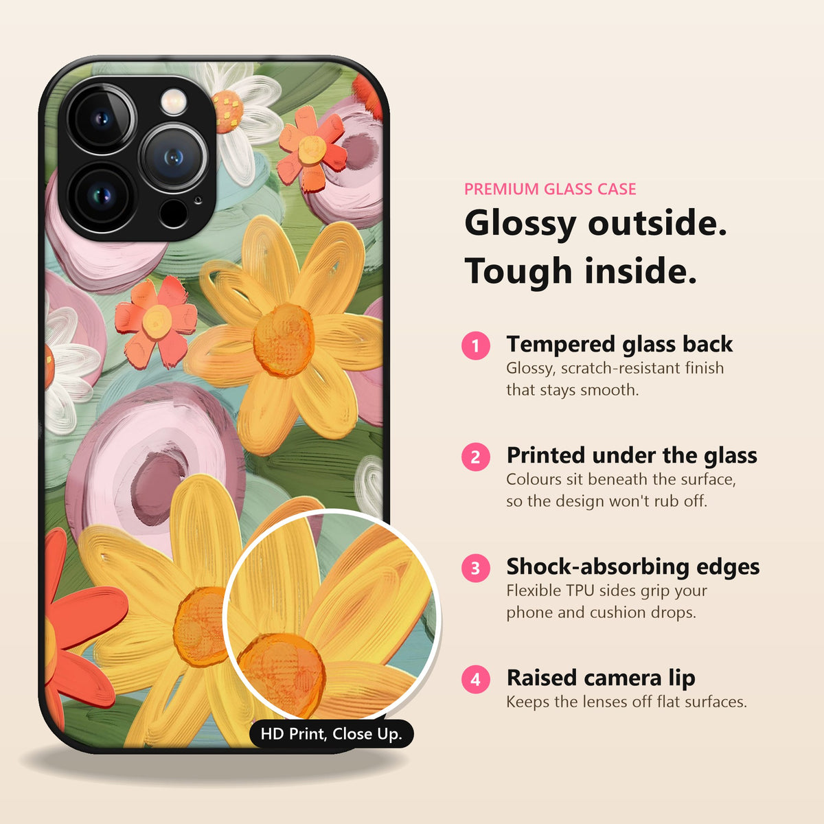 Floral Premium Glass Case: glossy outside, tough inside. Tempered glass back, printed under the glass, shock-absorbing TPU edges, raised camera lip