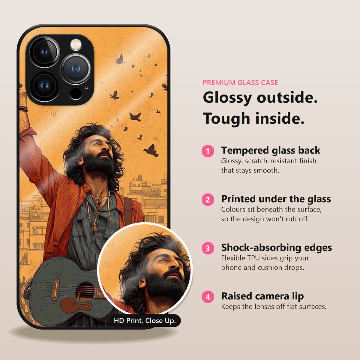 Guitar Soul Glass Case: glossy outside, tough inside. Tempered glass back, printed under the glass, shock-absorbing TPU edges, raised camera lip