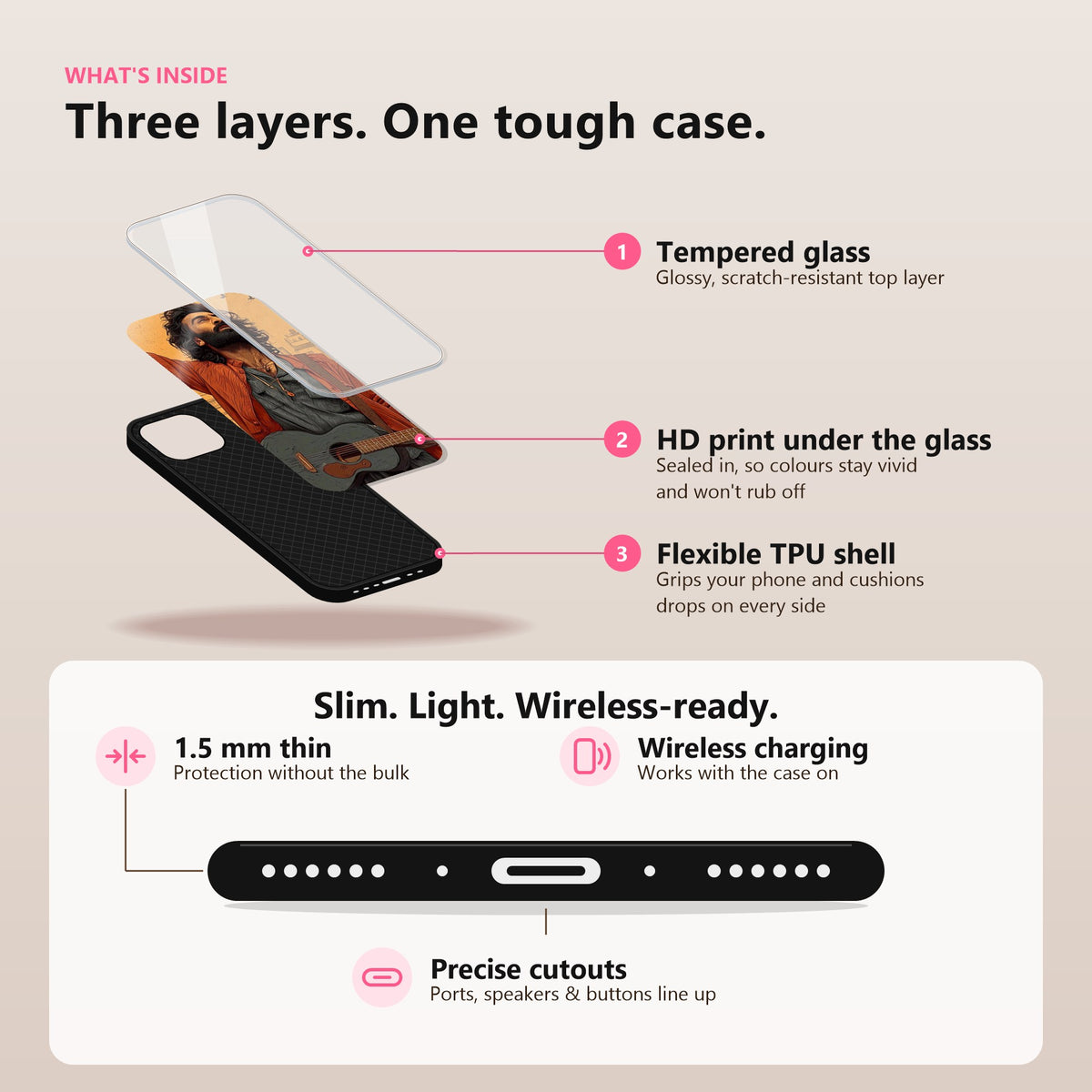 Guitar Soul Glass Case: tempered glass, HD print under the glass, flexible TPU shell; 1.5 mm thin, wireless charging, precise cutouts