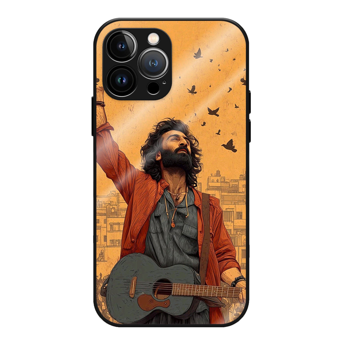Guitar Soul Glass Case - A musician with an acoustic guitar and one arm raised, in warm orange tones with birds over the city.