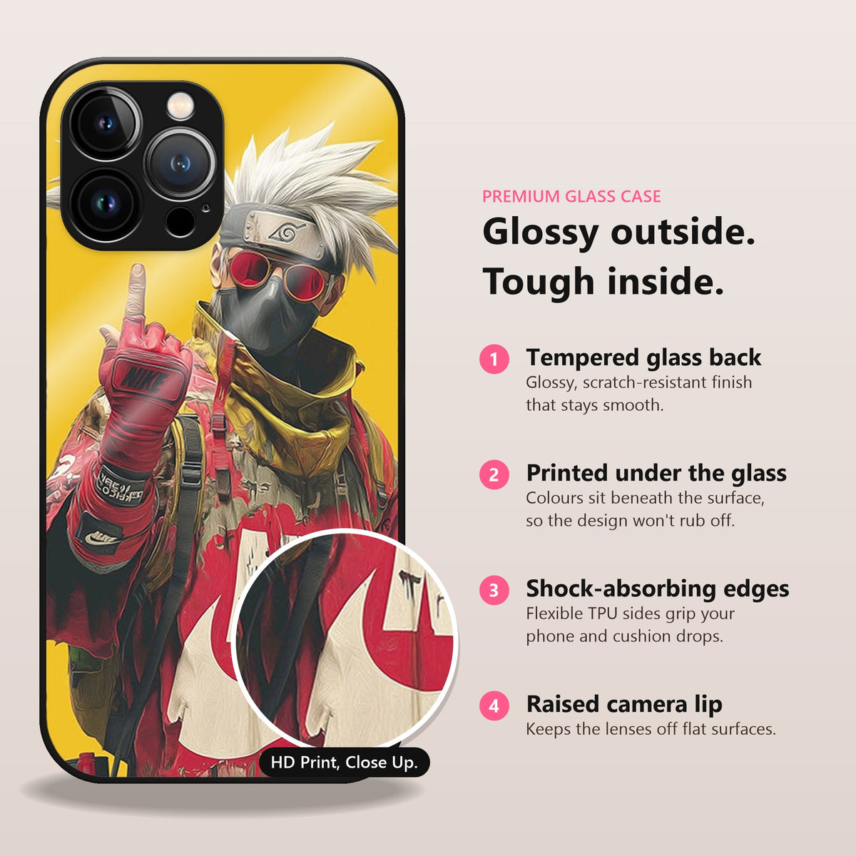 KakashiFlex Glass Case: glossy outside, tough inside. Tempered glass back, printed under the glass, shock-absorbing TPU edges, raised camera lip