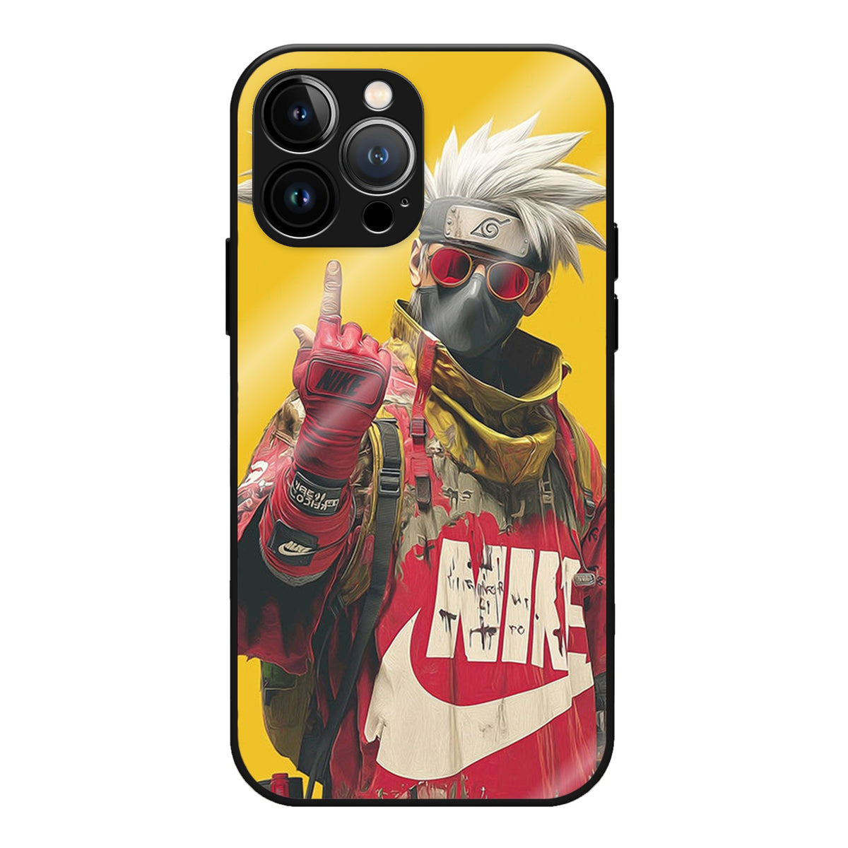 KakashiFlex Glass Case - Kakashi in bold red-and-black streetwear on a bright yellow background.