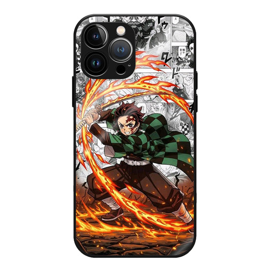 Kimetsu Clash Frame Glass Case - Tanjiro mid-swing, his blade trailing fire over a backdrop of black-and-white manga panels.