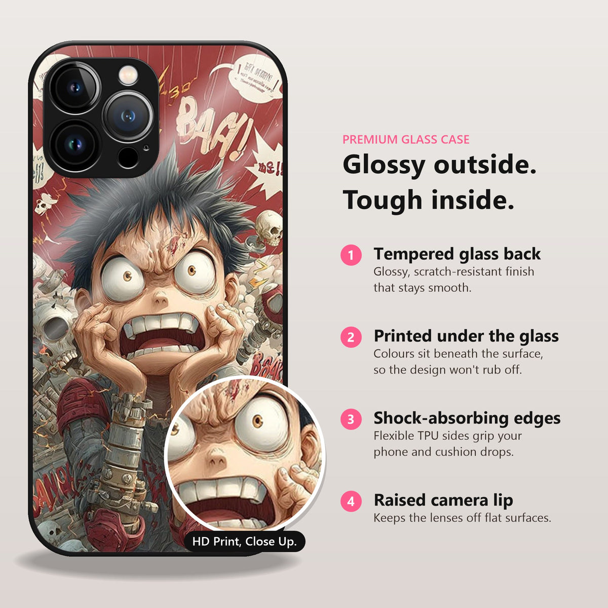MechaMayhem Glass Case: glossy outside, tough inside. Tempered glass back, printed under the glass, shock-absorbing TPU edges, raised camera lip