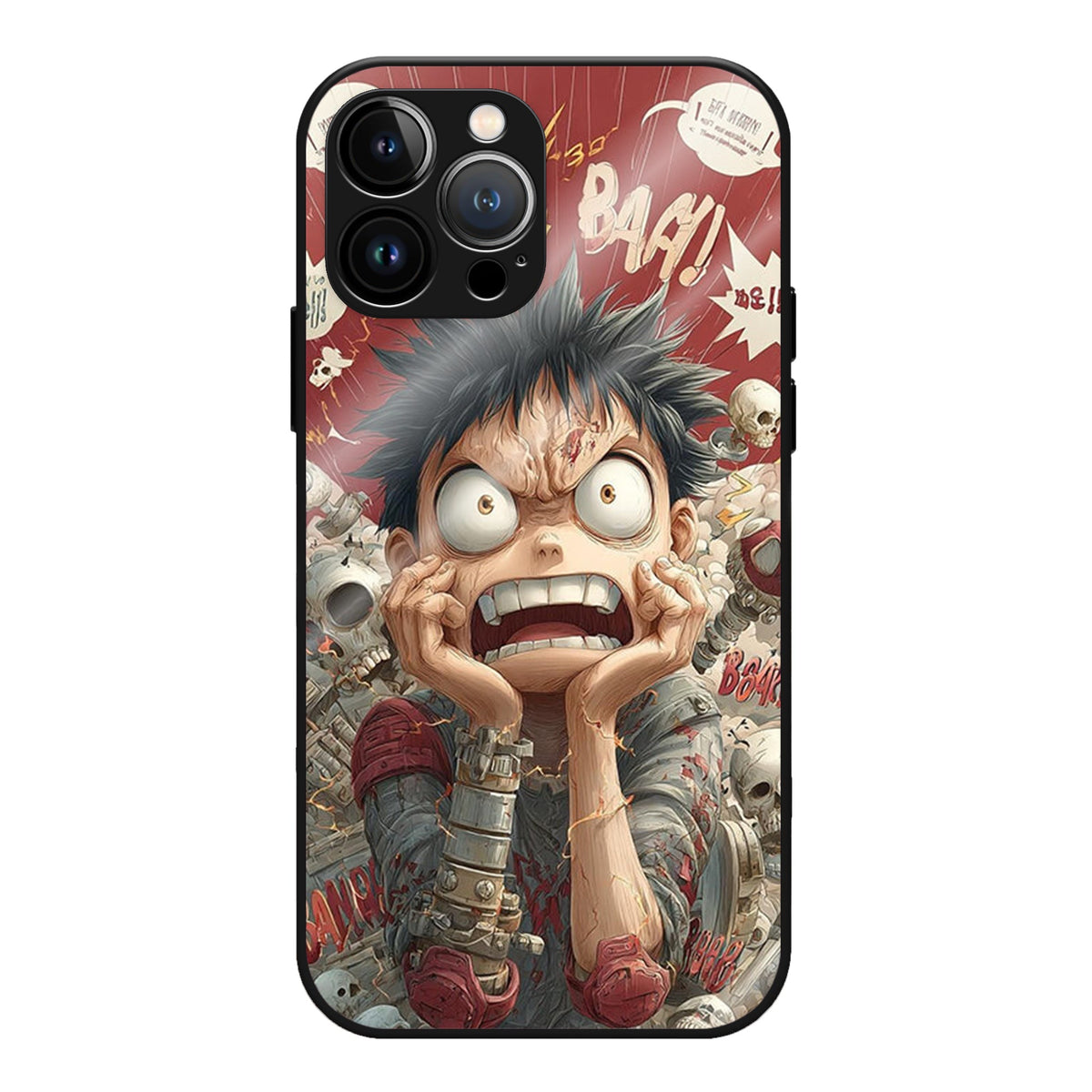 MechaMayhem Glass Case - A wide-eyed, shocked anime face surrounded by comic sound effects — pure chaos energy.