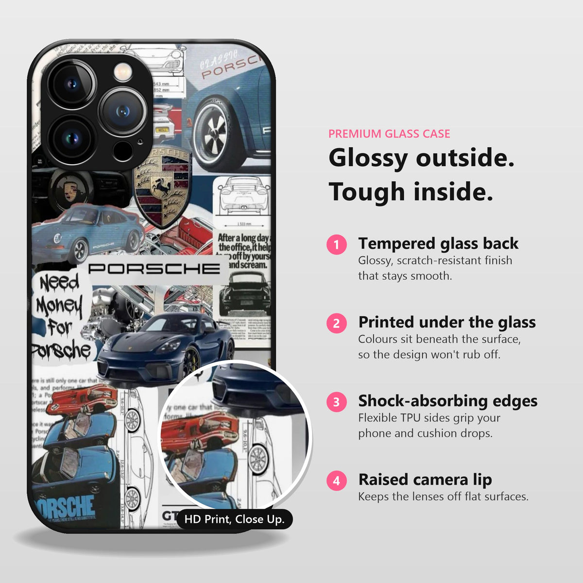Glossy outside, tough inside: tempered glass back, printed under the glass, shock-absorbing edges, raised camera lip