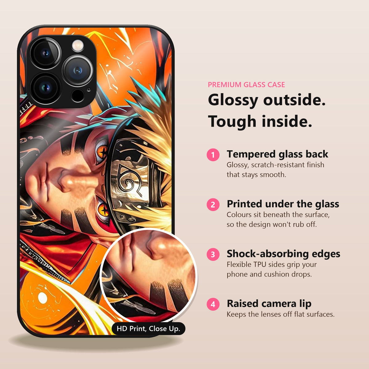 Naruto: Shadow Surge Glass Case: glossy outside, tough inside. Tempered glass back, printed under the glass, shock-absorbing TPU edges, raised camera lip