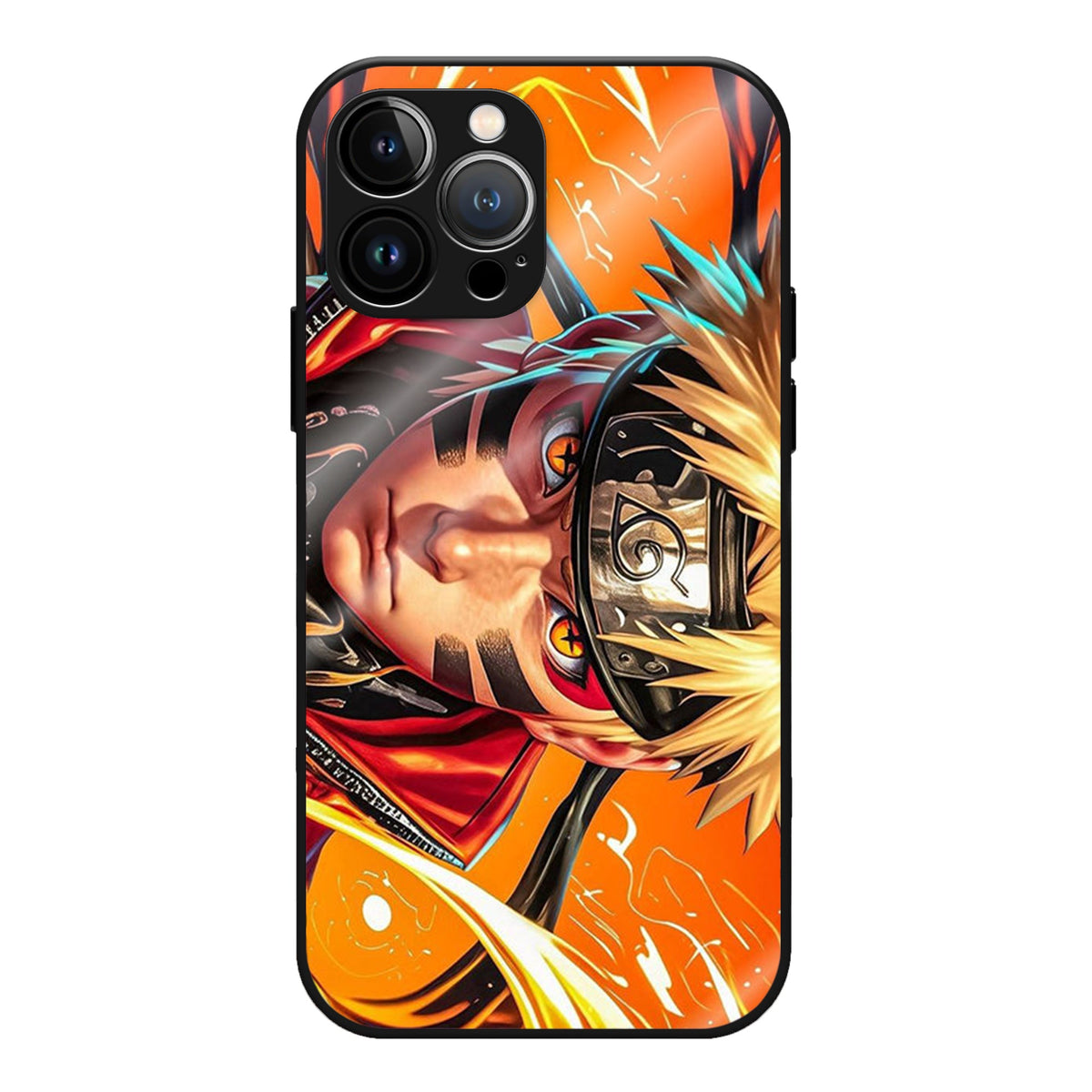 Naruto: Shadow Surge Glass Case - A split-face Naruto design bursting with orange and red energy.