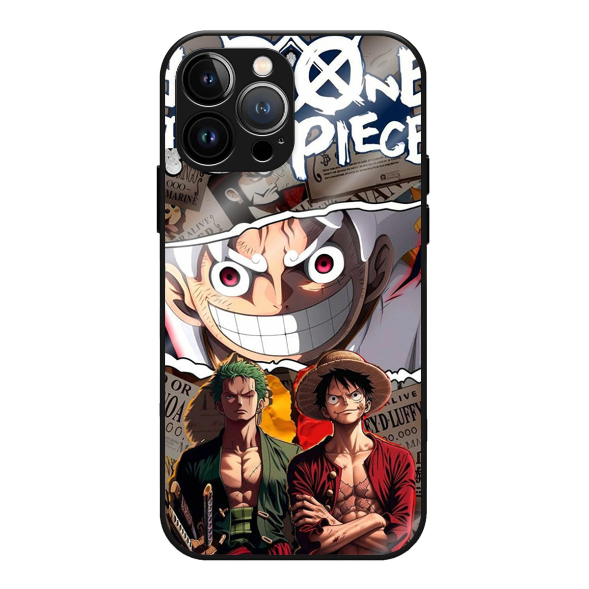One Piece: Grandline Grit Glass Case - Luffy's wide Gear 5 grin up top, with Luffy and Zoro side by side below and the One Piece logo in the corner — a bold manga-panel collage for every Straw Hat fan.
