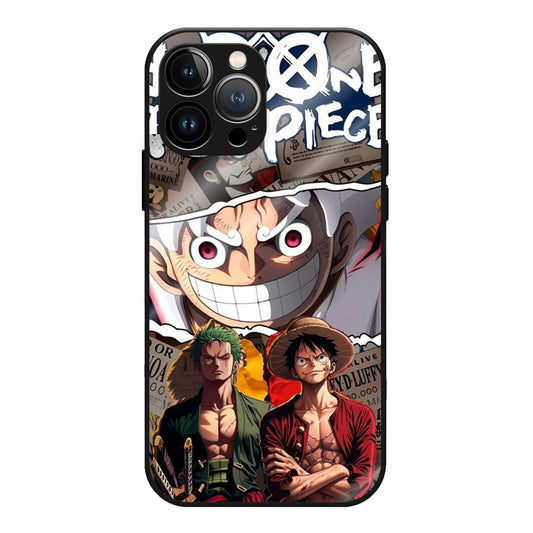 One Piece: Grandline Grit Glass Case - Luffy's wide Gear 5 grin up top, with Luffy and Zoro side by side below and the One Piece logo in the corner — a bold manga-panel collage for every Straw Hat fan.