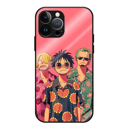 One Piece: Island Vibe Edition Glass Case - Sanji, Luffy and Zoro in matching floral shirts on a soft pink background — holiday mode, Straw Hat style.