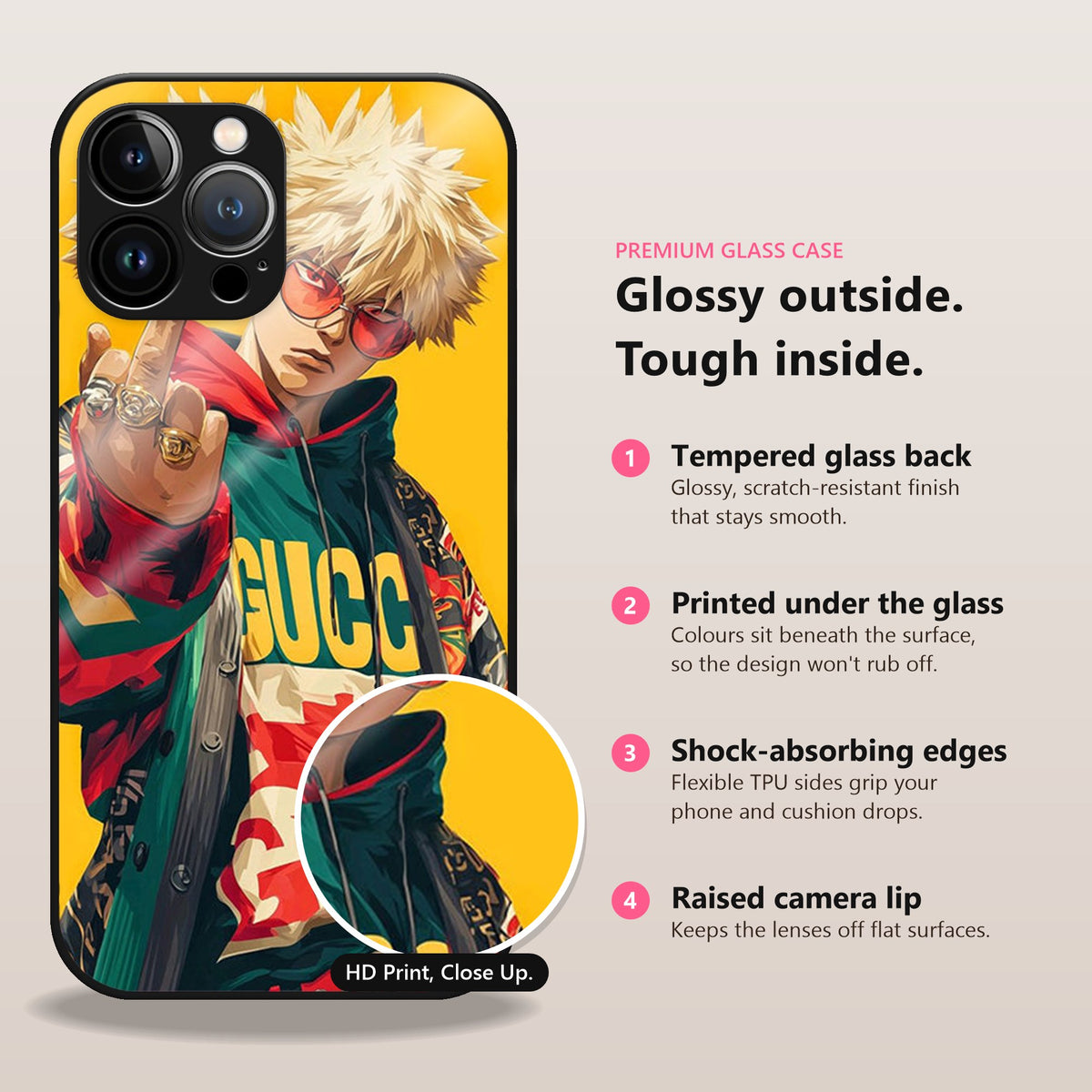 PopCulture Pulse Glass Case: glossy outside, tough inside. Tempered glass back, printed under the glass, shock-absorbing TPU edges, raised camera lip