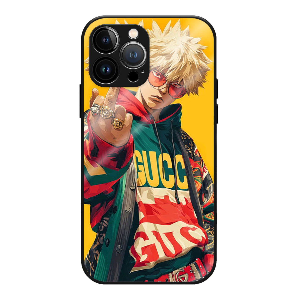 PopCulture Pulse Glass Case - A spiky-haired blond anime character in loud, colourful streetwear on a yellow background.