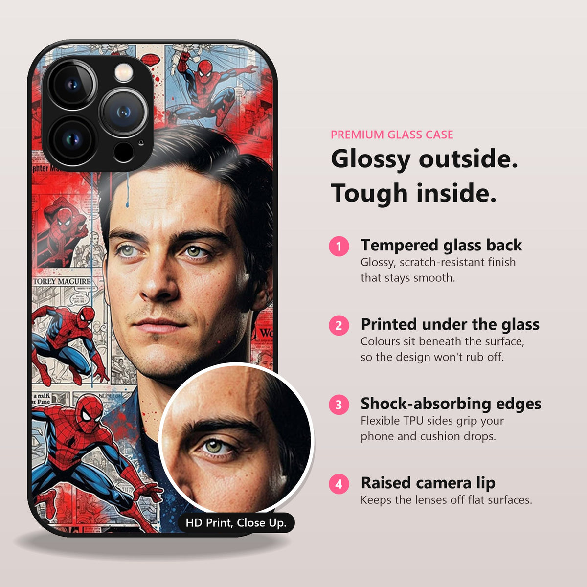 Spider-Man: Cinematic Collage Glass Case: glossy outside, tough inside. Tempered glass back, printed under the glass, shock-absorbing TPU edges, raised camera lip