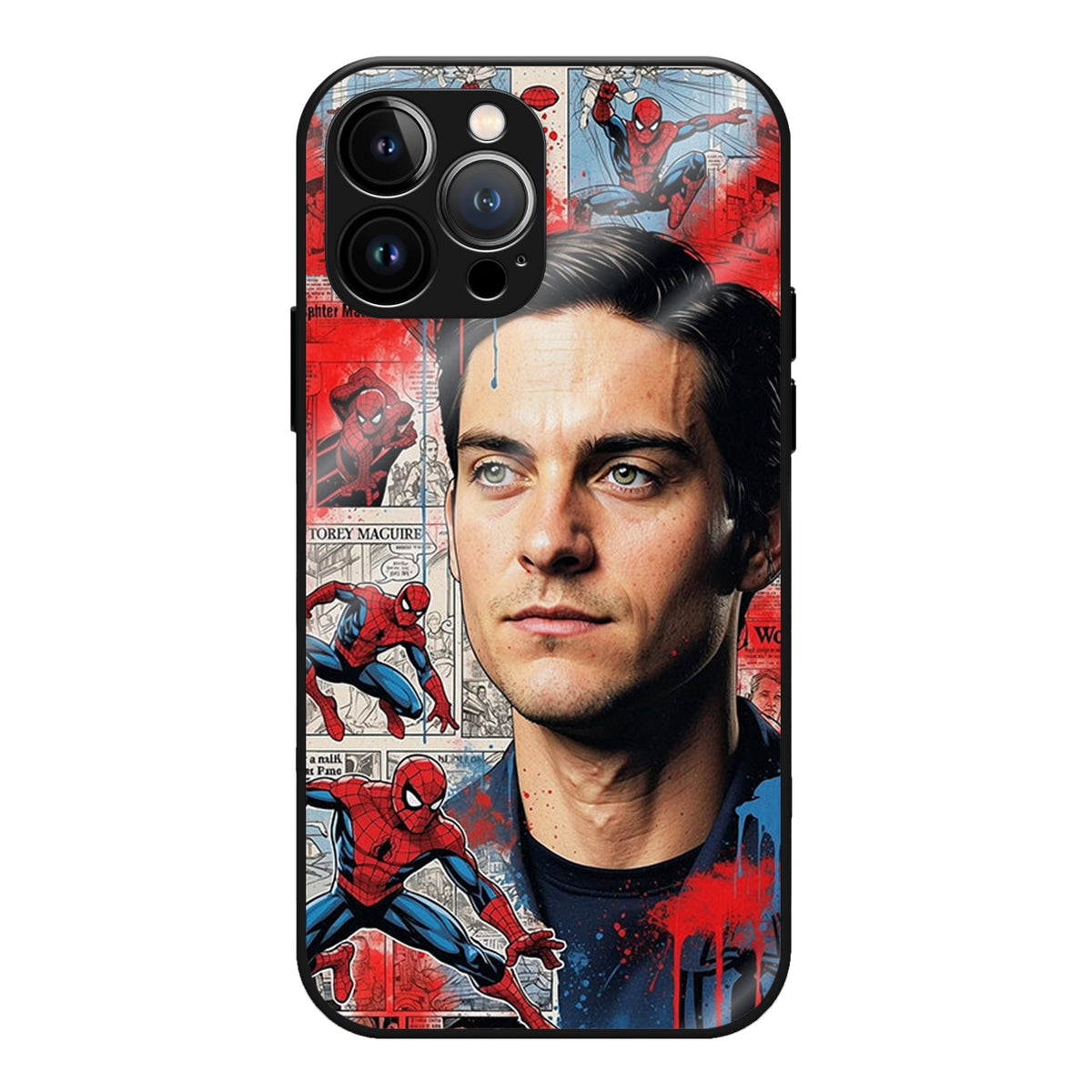 Spider-Man: Cinematic Collage Glass Case - Peter Parker's portrait over a collage of Spider-Man comic panels.