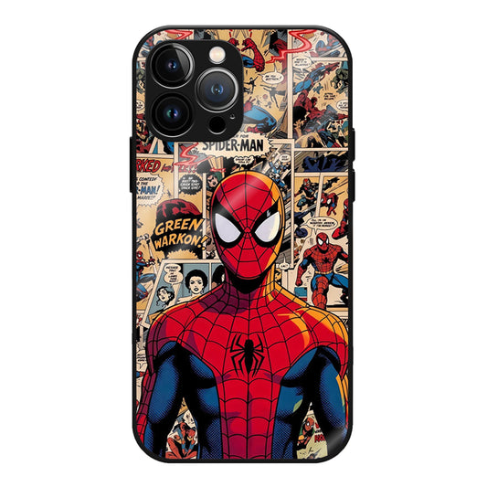 SpiderSaga Glass Case - Spider-Man standing tall in front of a wall of vintage comic covers.