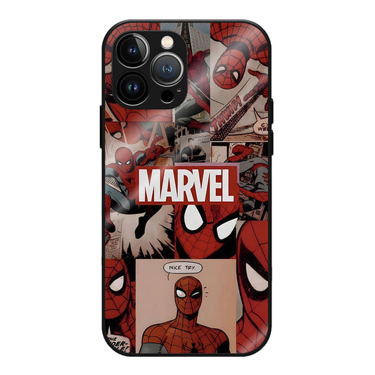 Spidey Saga Shell Glass Case - A comic-book collage of Spider-Man panels in red, white and black — classic web-slinger action from top to bottom.