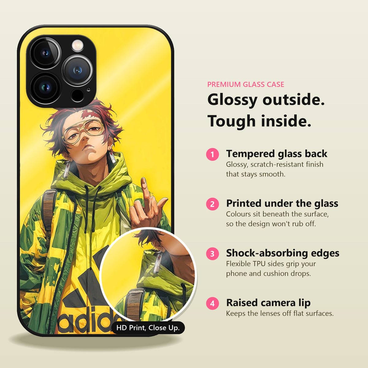 StreetMood Glass Case: glossy outside, tough inside. Tempered glass back, printed under the glass, shock-absorbing TPU edges, raised camera lip