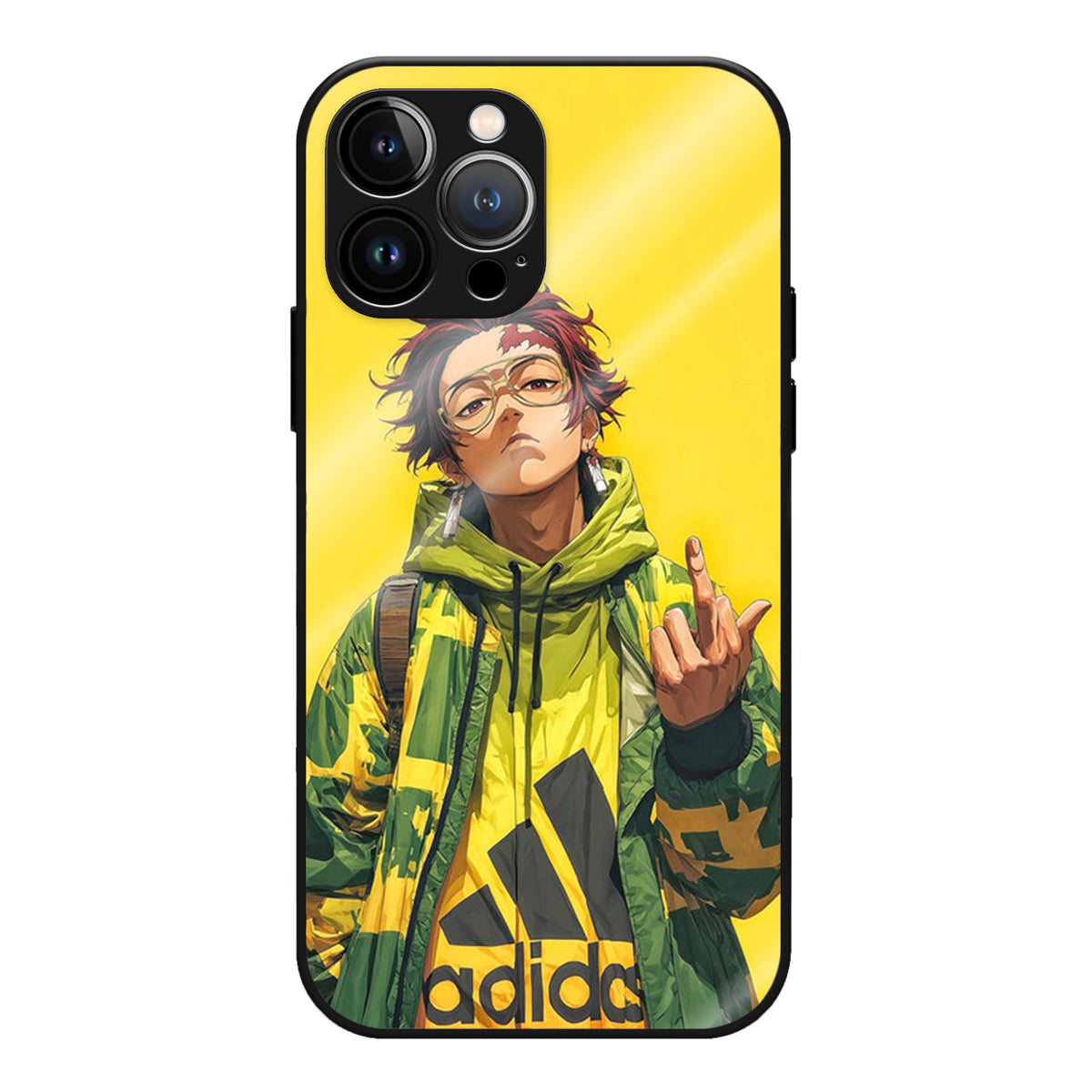 StreetMood Glass Case - An anime character in a green streetwear hoodie, posing on a bright yellow background.