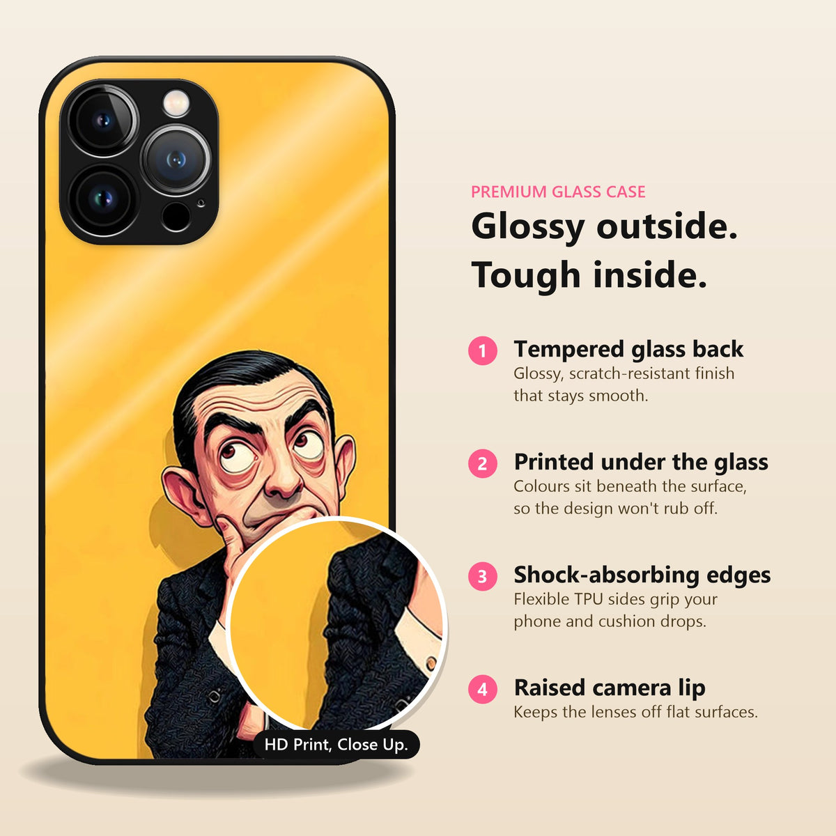 The Bean Pose Cover Glass Case: glossy outside, tough inside. Tempered glass back, printed under the glass, shock-absorbing TPU edges, raised camera lip