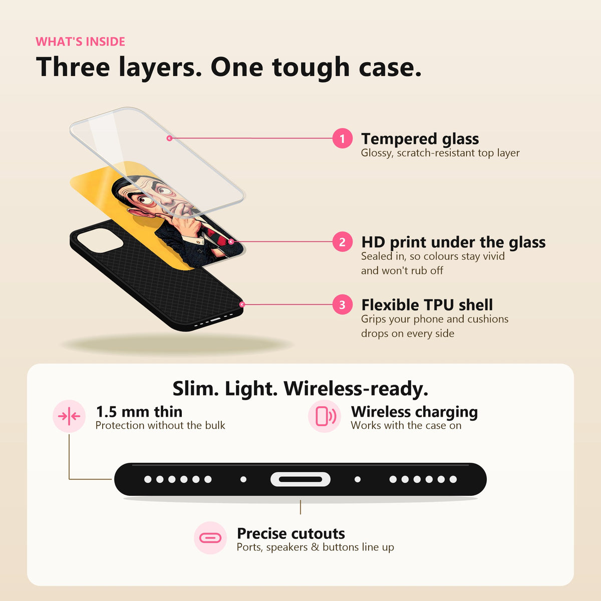 The Bean Pose Cover Glass Case: tempered glass, HD print under the glass, flexible TPU shell; 1.5 mm thin, wireless charging, precise cutouts