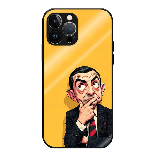 The Bean Pose Cover Glass Case - A gentleman in a suit striking a thoughtful pose on a bright yellow background — playful and instantly recognisable.