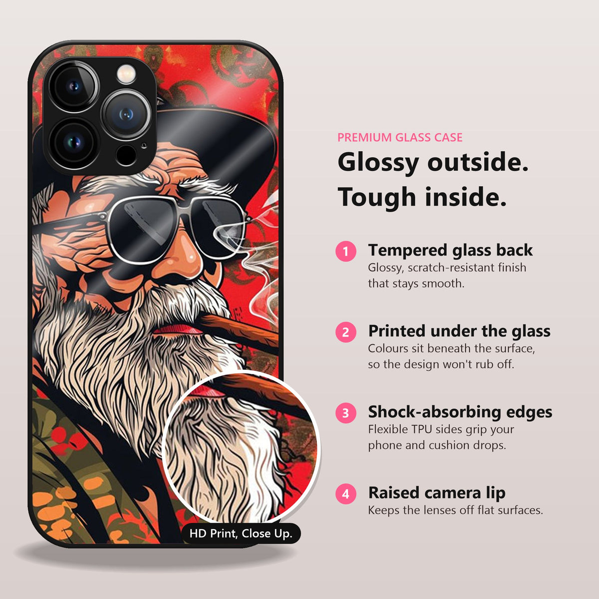 The Boss Frame Glass Case: glossy outside, tough inside. Tempered glass back, printed under the glass, shock-absorbing TPU edges, raised camera lip