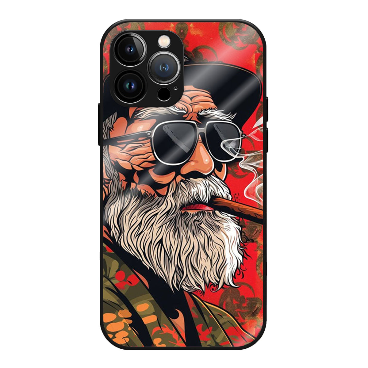 The Boss Frame Glass Case - A bearded old-timer in a hat and dark shades, painted in deep reds and greens for a tough, cinematic look.