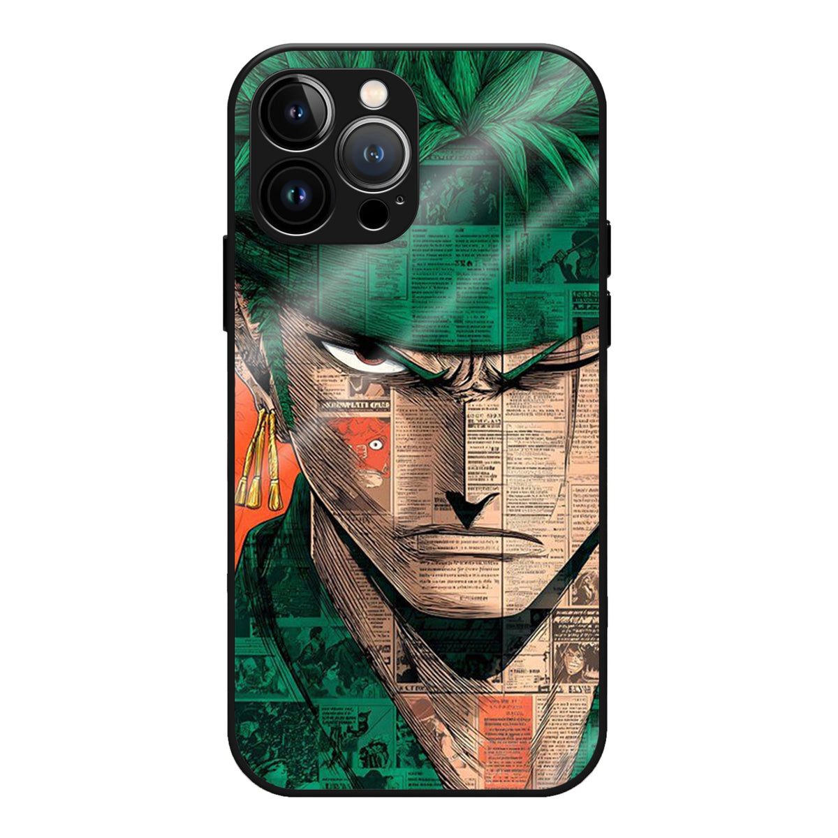 ZoroVerse Glass Case - Zoro's fierce stare split across green, black and white manga panels.